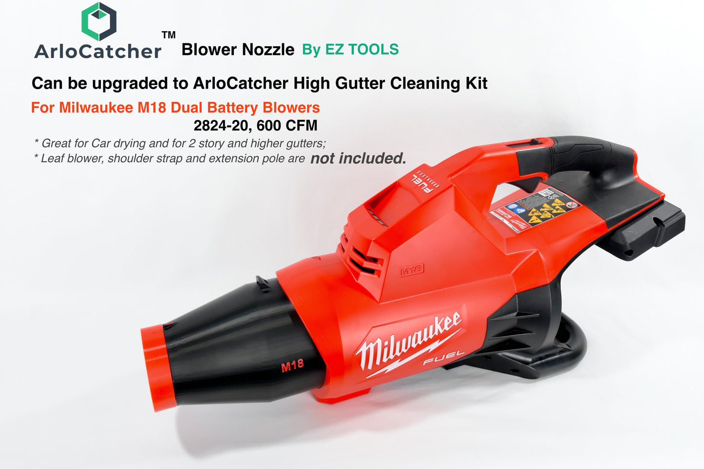 Car Drying Short Nozzle with shoulder strap anchor point, for Milwaukee M18 Leaf Blowers, 450, 500, 600 CFM, with potential of drying the roof top of large vehicles, SUV, RV, bus...