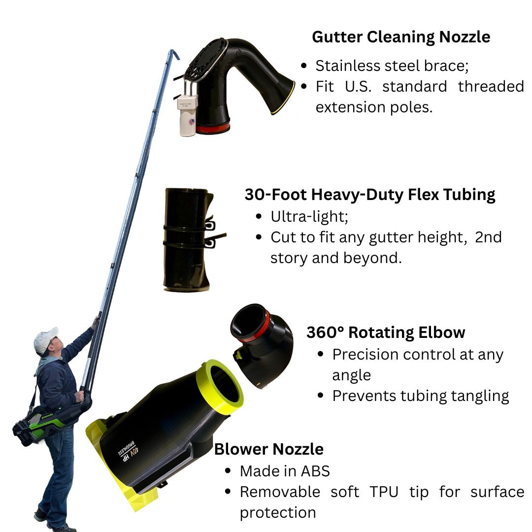 Complete gutter cleaning system kit for leaf blowers, includes nozzle and tubing