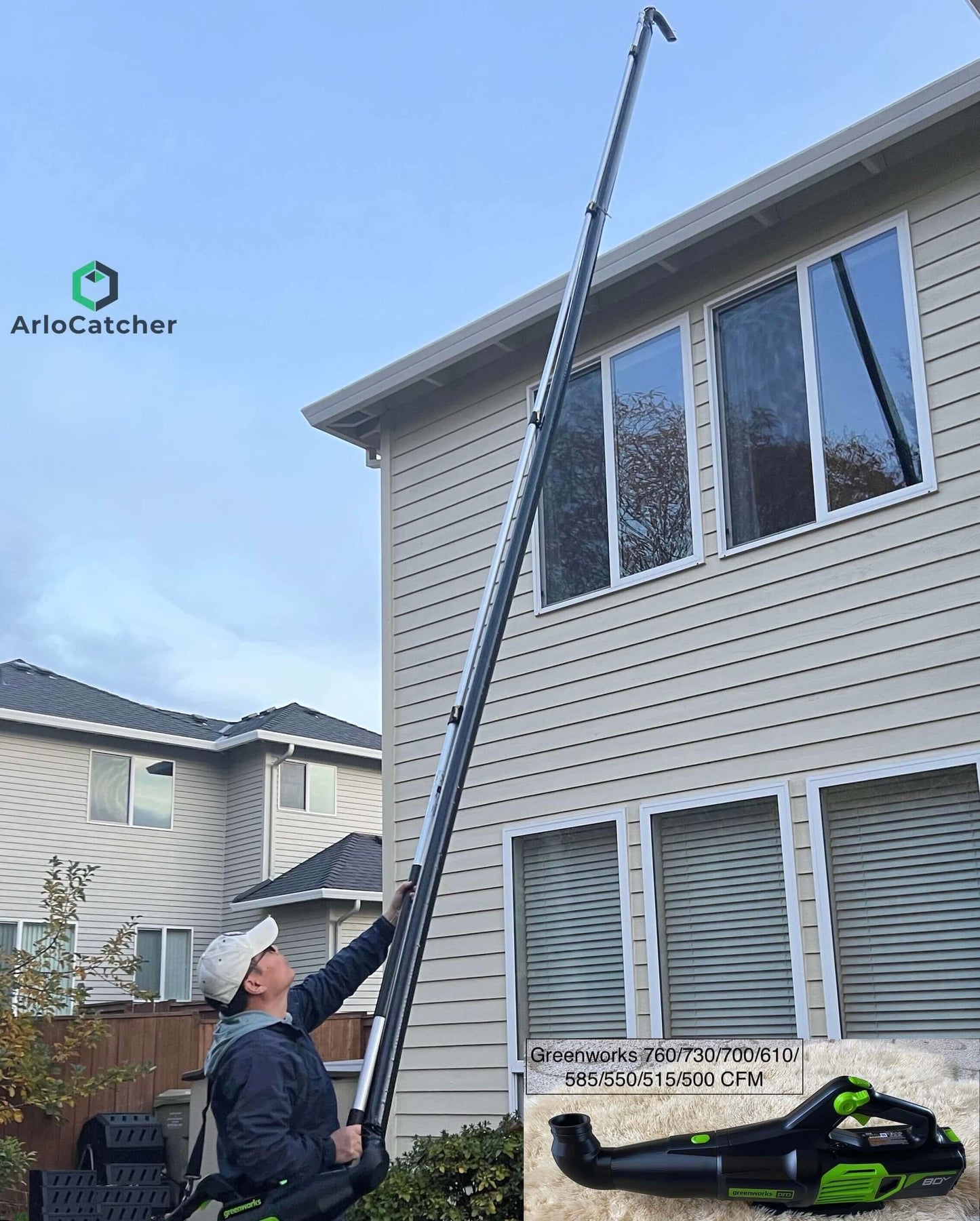 Gutter Cleaning Kit turn your Greenworks leaf blower into a safe tool to clean gutter from the ground.