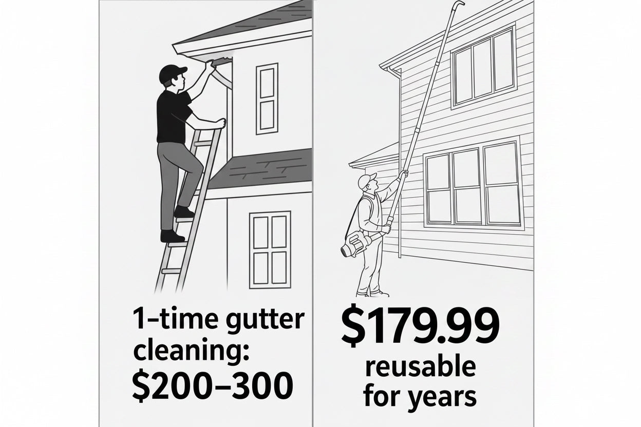 Homeowner cleaning two-story gutters using ArloCatcher gutter cleaning kit