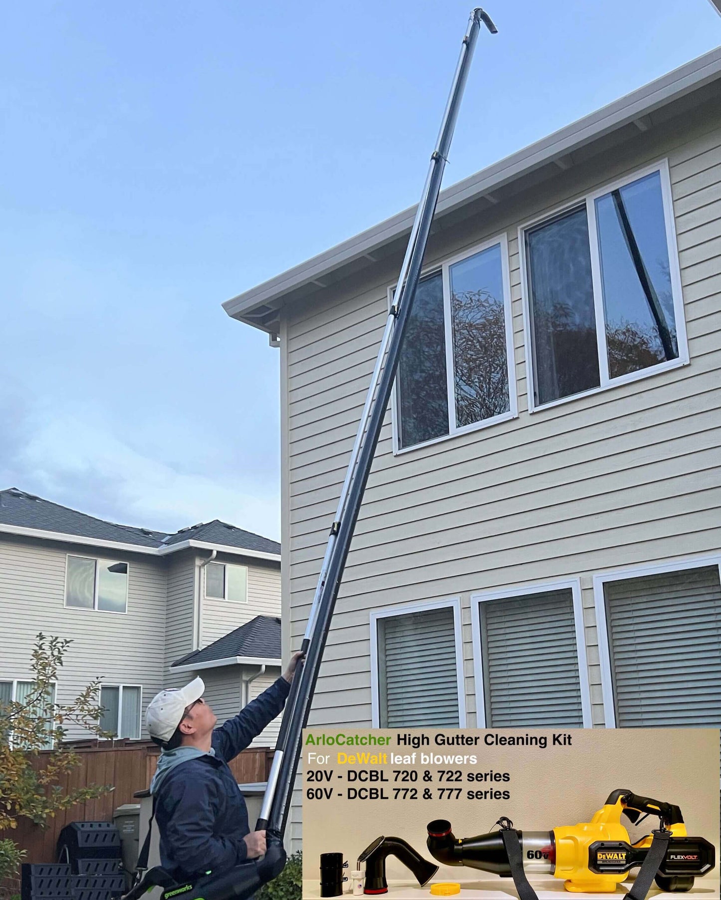 Safe and efficient home gutter maintenance using blower extension attachment