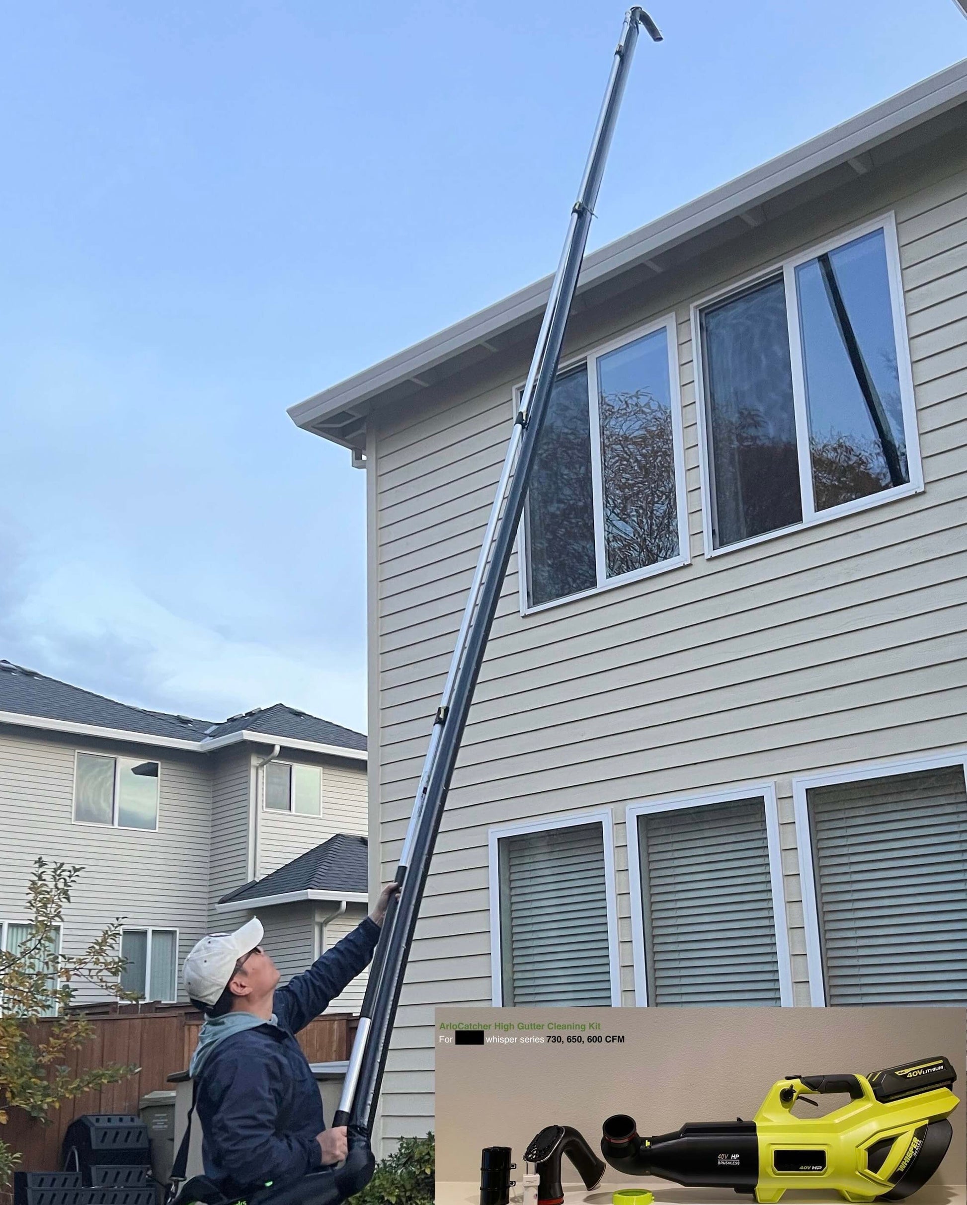 using Ryobi leaf blower and ArloCatcher gutter cleaning kit to blow gutters from the ground