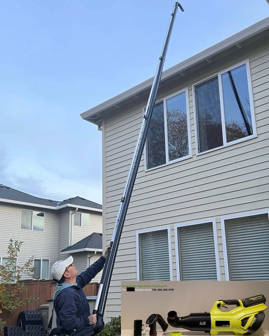 using Ryobi leaf blower and ArloCatcher gutter cleaning kit to blow gutters from the ground