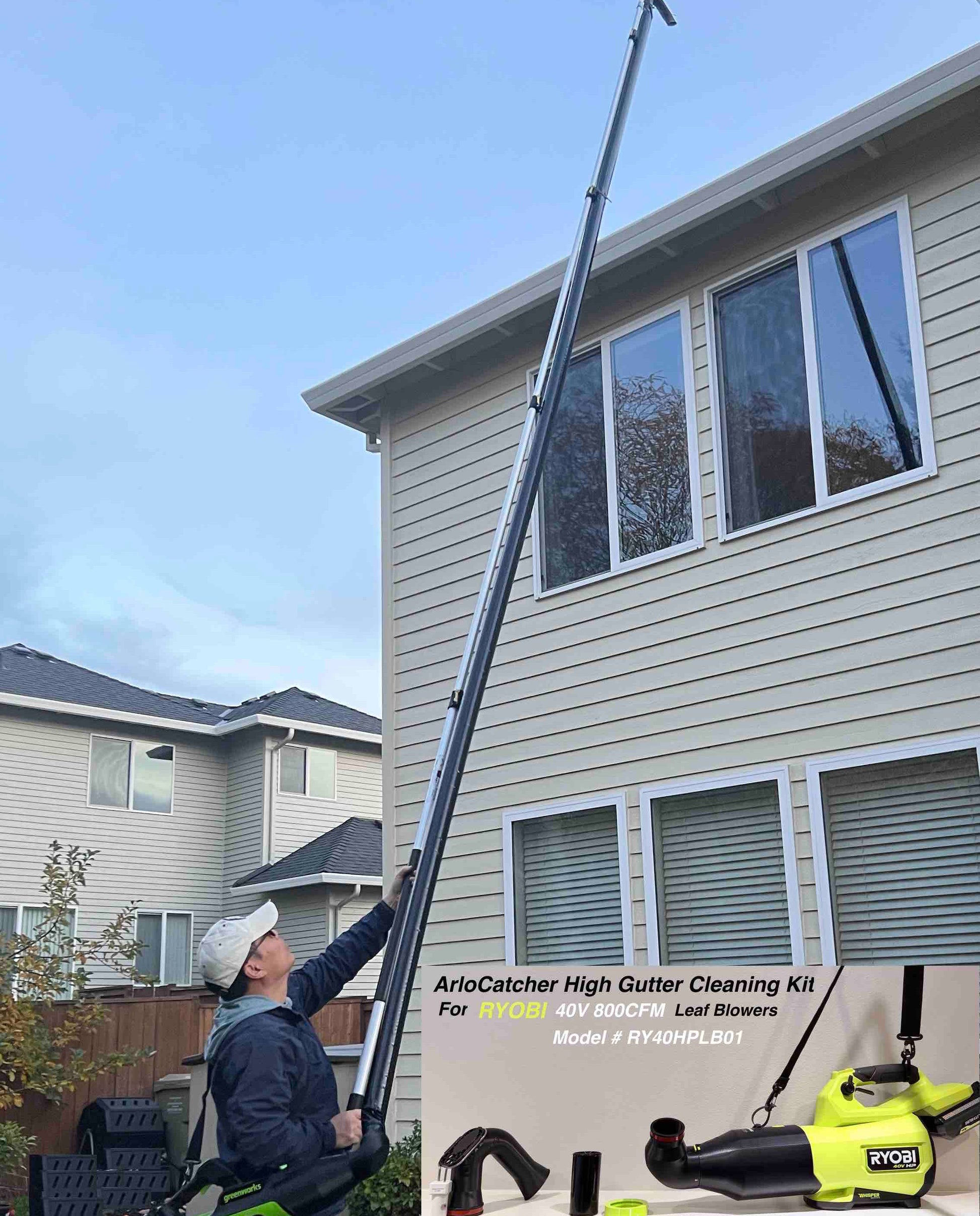 Person using a high gutter cleaning kit in front of a house-RYOBI 40V 800CFM