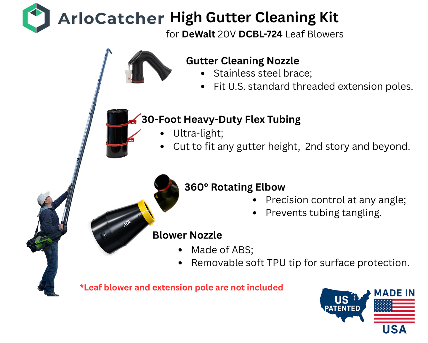 ArloCatcher High Gutter Cleaning Kit for DeWalt 20V Max XR DCBL724 Leaf Blower– Clean Two-Story Gutters from the Ground