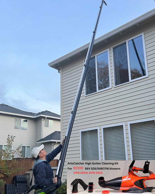 ArloCatcher High Gutter Cleaning Kit for ECHO 56V 526CFM, 549CFM eFORCE blowers, DPB-2500, DPB-2610 – Clean Two-Story Gutters from the Ground
