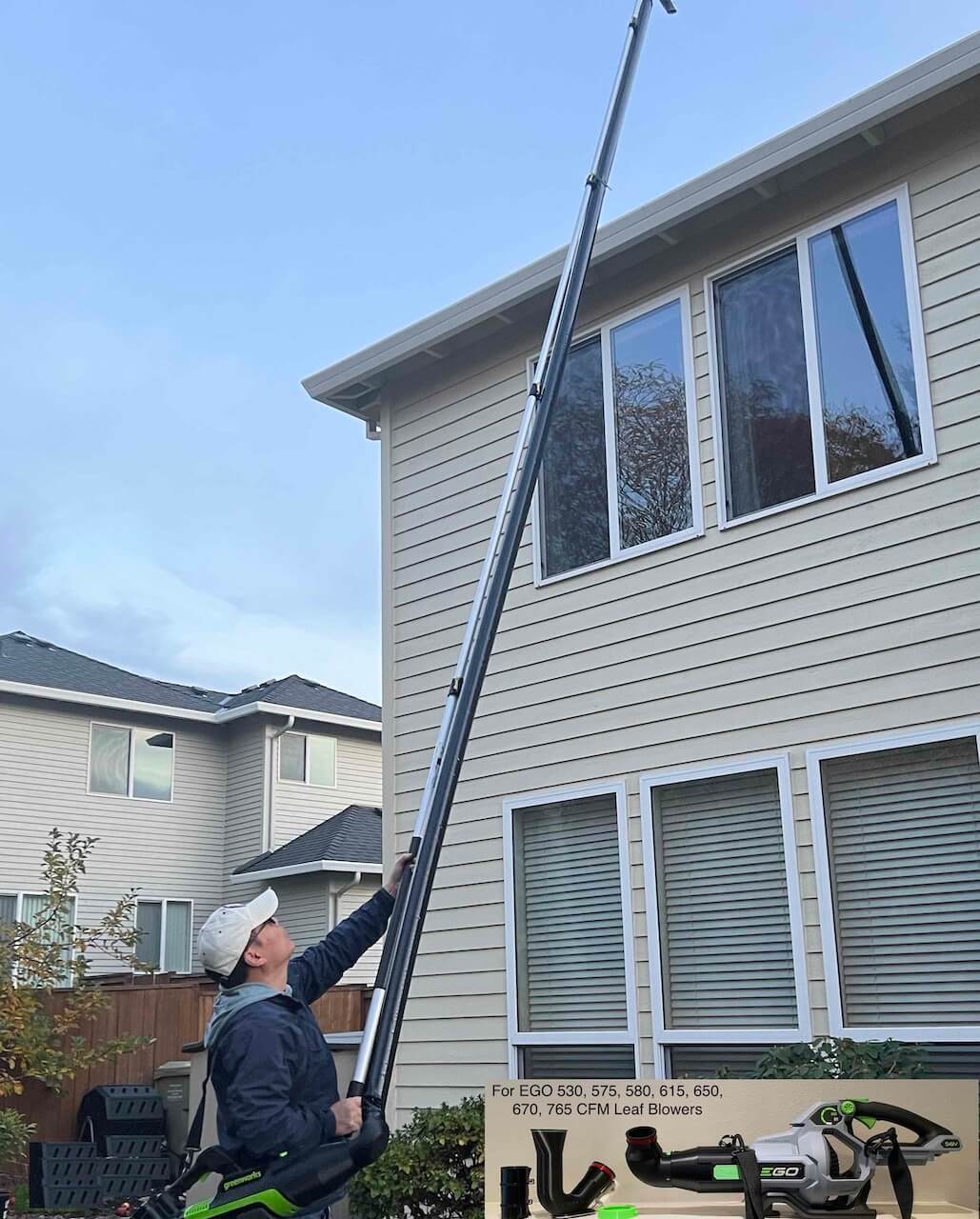 Arlocatcher gutter cleaner compatible with EGO leaf blower to clean gutter from the ground