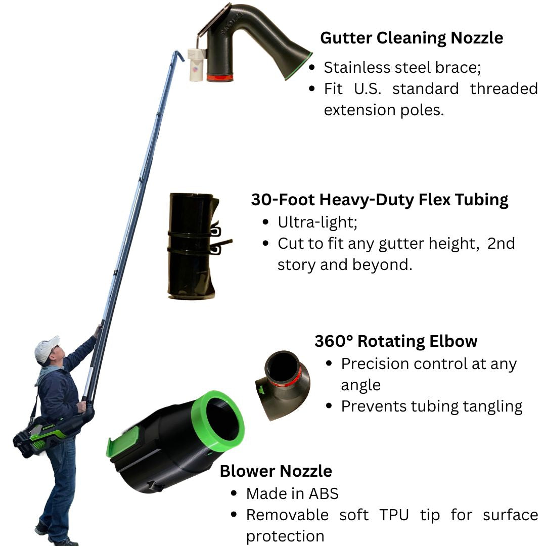 learing leaves and debris from second-story gutters using extension kit