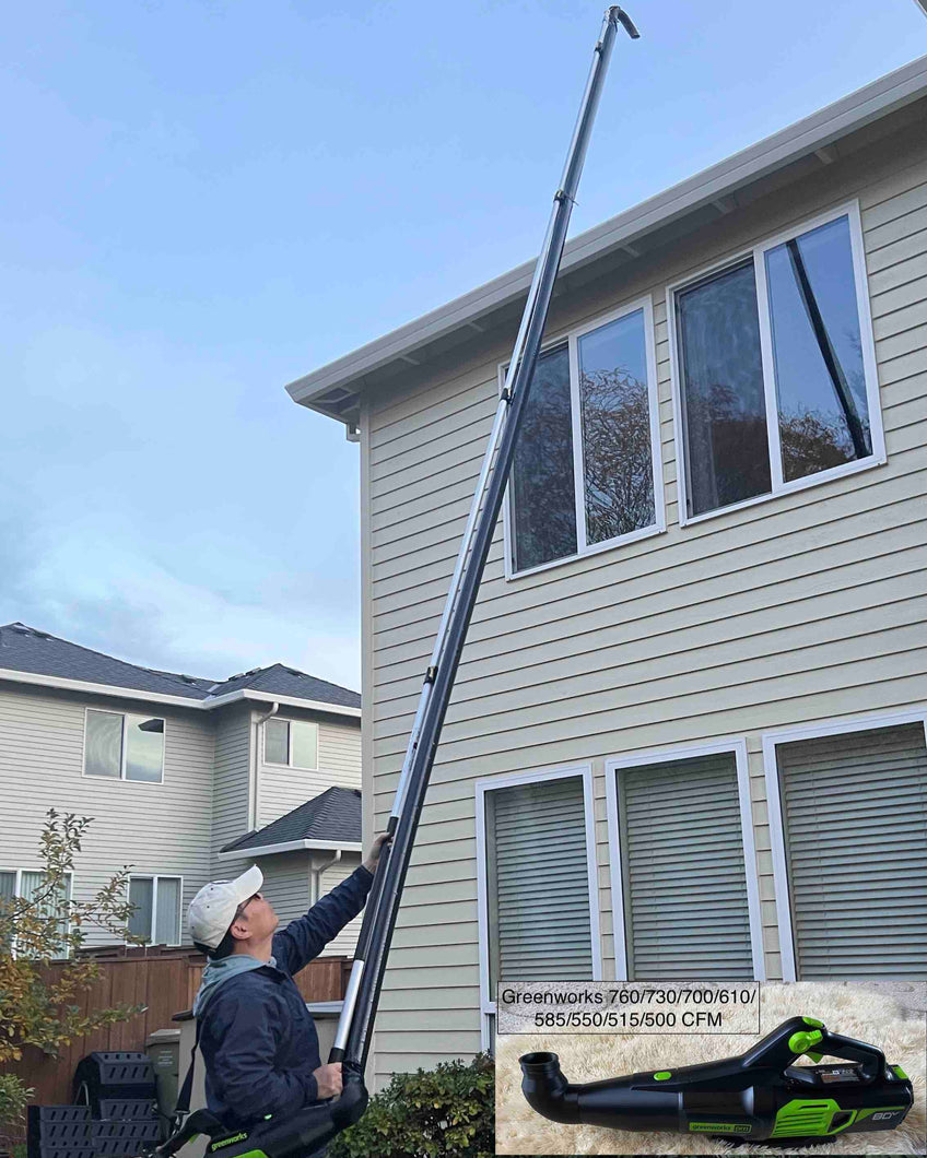 Two-Story High Gutter Cleaning Kit for Greenworks 770, 760, 730, 700, 610, 585, 550, 515 & 500 CFM leaf blower (car drying nozzle included)