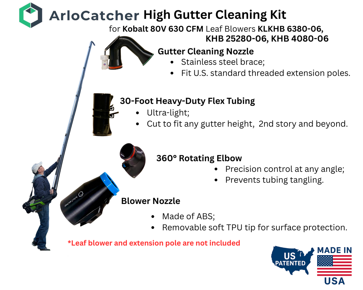 High Gutter Cleaning Kit for Kobalt 80V 630CFM Leaf Blowers, Model KHB 6380-06, KHB 25280-06, KHB 4080-06, Clean Two-Story Gutters from the Ground