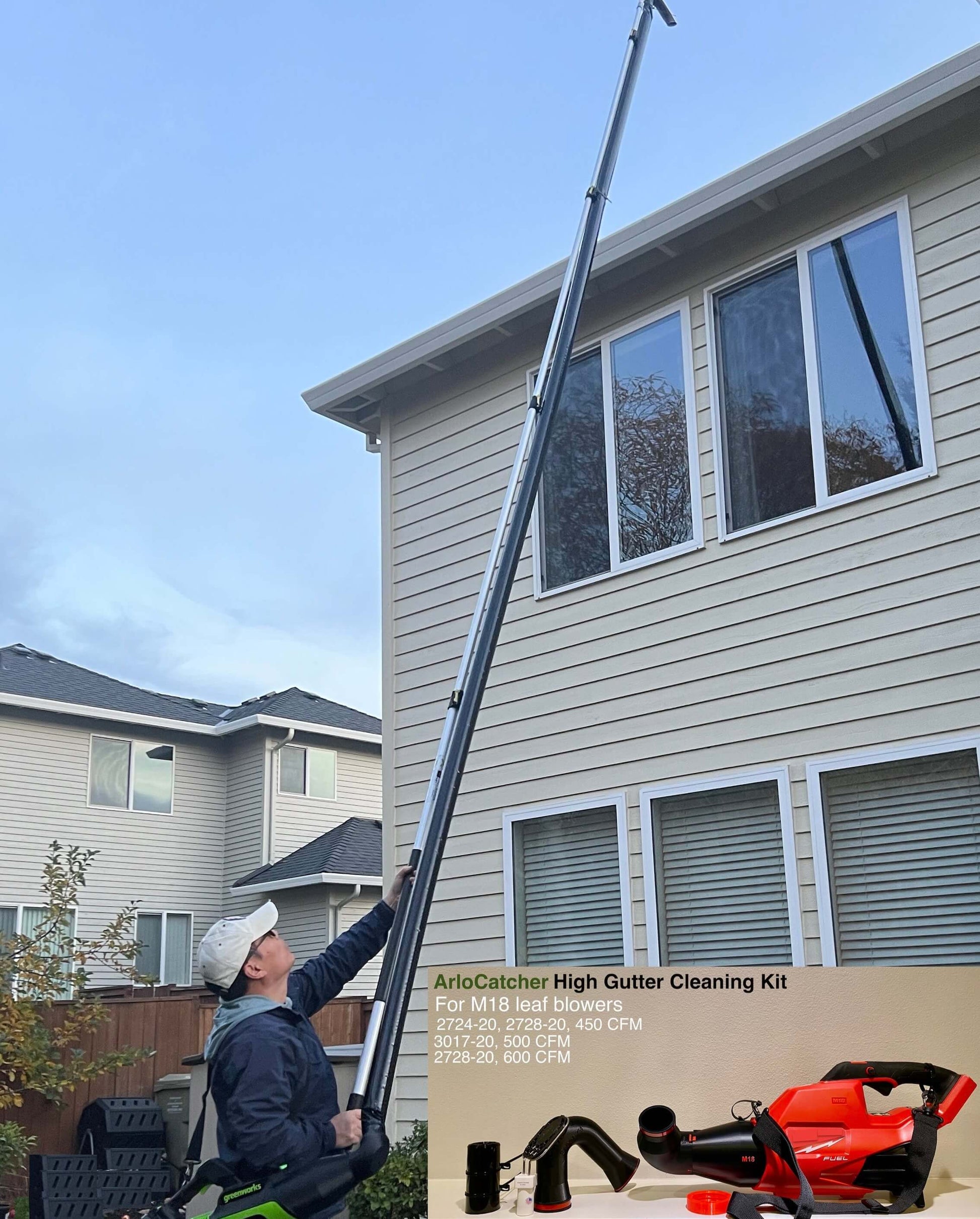 Milwaukee blower gutter cleaning kit blowing gutters from the ground