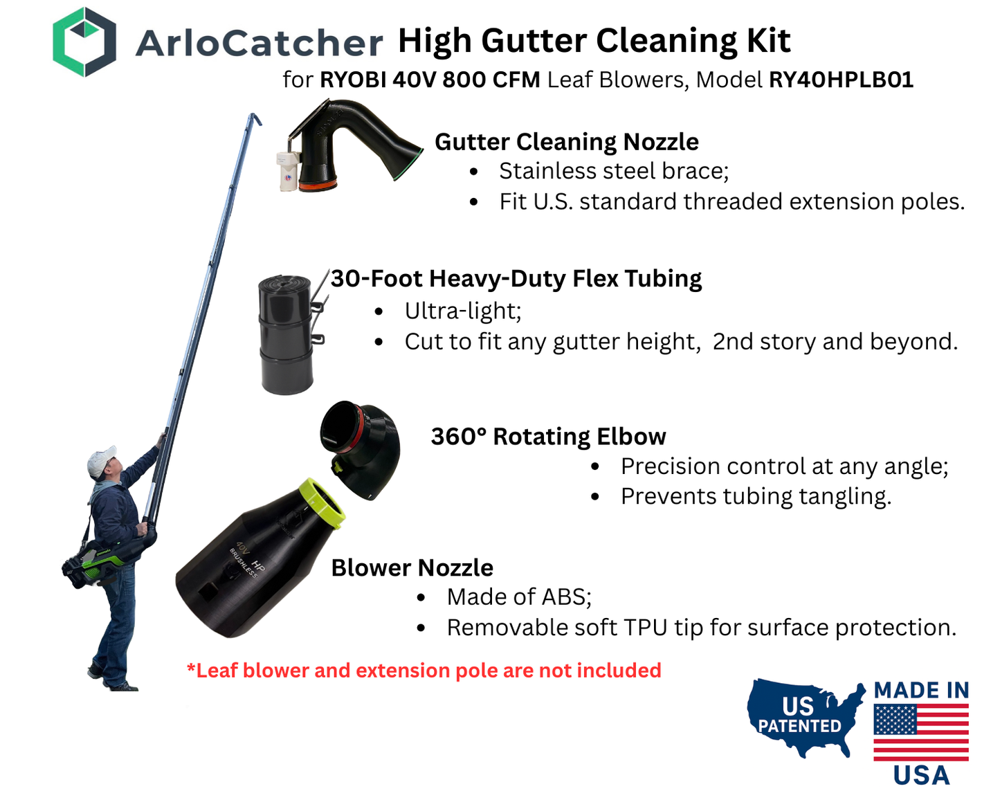 High Gutter Cleaning Kit for RYOBI 40V 800CFM Leaf Blowers RY40HPLB01 – Clean Two-Story Gutters from the Ground – Fits RYOBI 40V Whisper 800 CFM