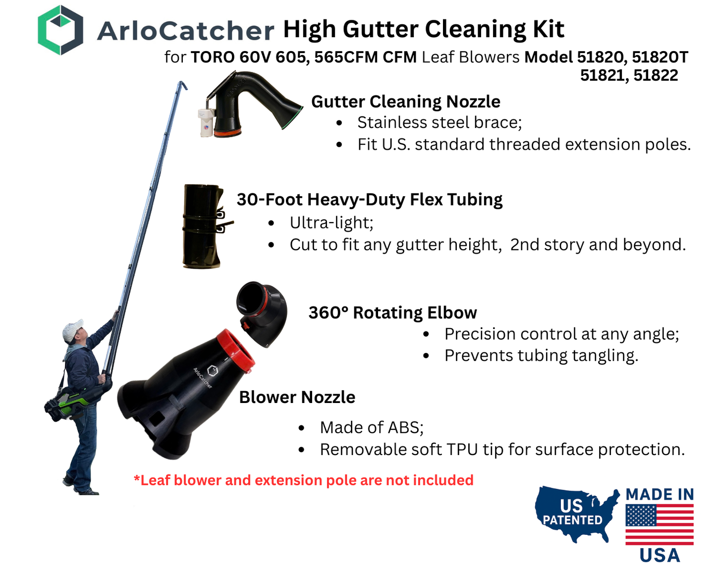 ArloCatcher High Gutter Cleaning Kit for TORO 605CFM 565CFM Leaf Blowers, Fits TORO Model 51820, 51820T, 51821, 51822 – Clean Two-Story Gutters from the Ground
