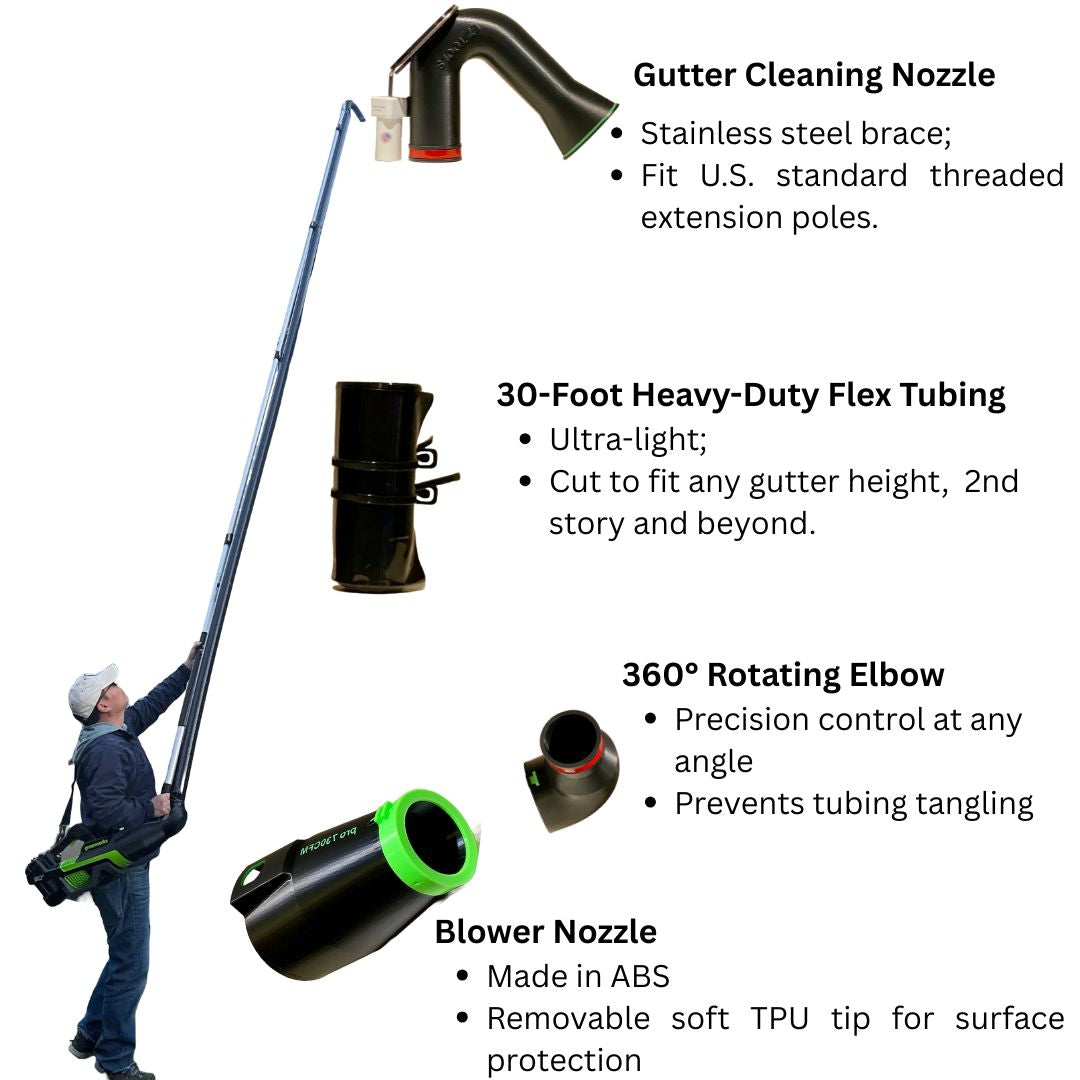 Clearing leaves and debris from second-story gutters using extension kit