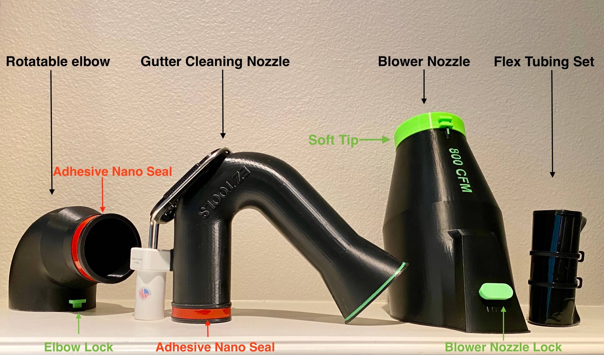 product included blower nozzle, flex tubing set, gutter cleaning nozzle and rotatable elbow